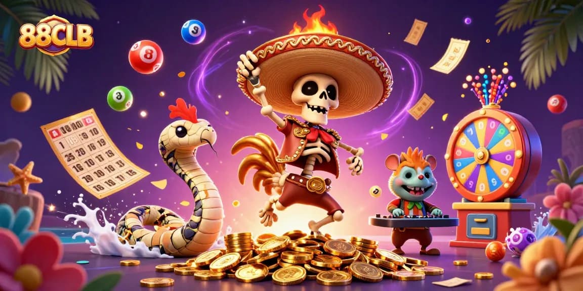The vibrant 88CLB casino scene features a dancing skeleton rooster amidst colorful lottery elements, creating a festive atmosphere.