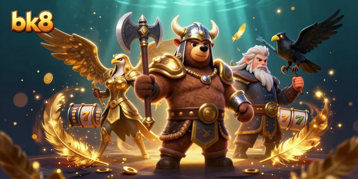 Join the action at bk8 with a Viking bear and Valkyrie eagle in a vibrant casino scene.