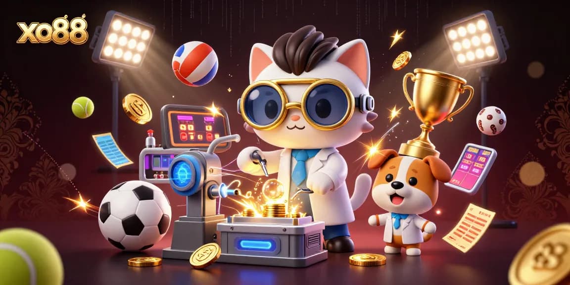 Experience the excitement of xo88 with a mad scientist cat creating a gold-coin machine in a vibrant casino scene.