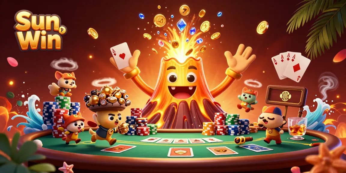 Experience thrilling gaming adventures with Sun Win's vibrant casino scenario featuring a volcano and treasure.