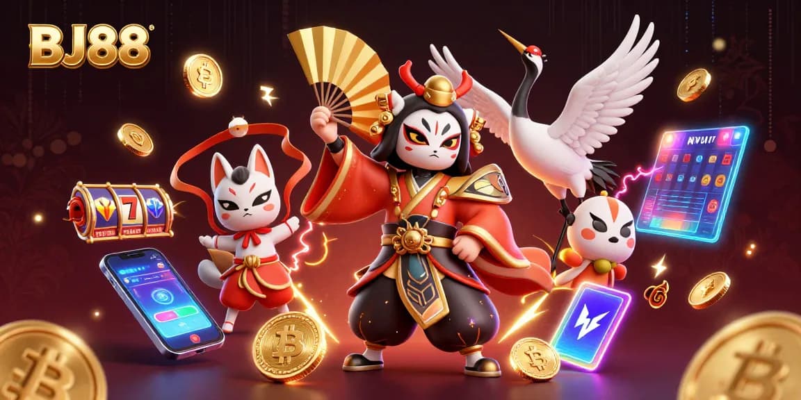 BJ88 offers an exciting gambling experience with 3D animated kabuki warrior and casino elements.