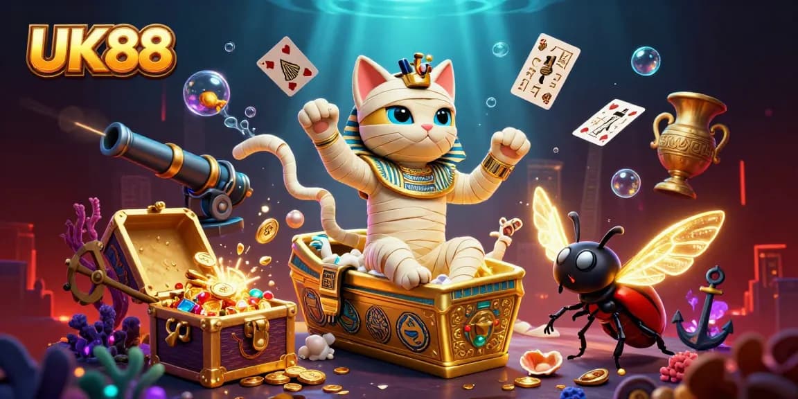 Experience the thrill of UK88 with an energetic 3D casino scene featuring a mummy cat and gold treasures.