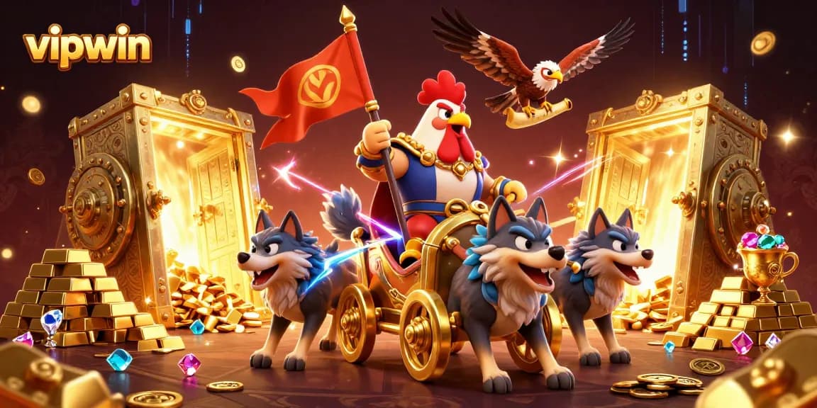 Experience vibrant gaming action with vipwin as the rooster warlord conquers treasure in a dazzling casino scene.