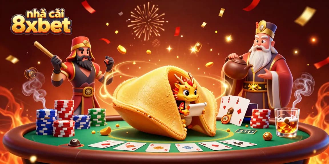 Engage with the dynamic world of nhà cái 8xbet through an exciting casino-themed illustration showing a golden fortune cookie and poker elements.