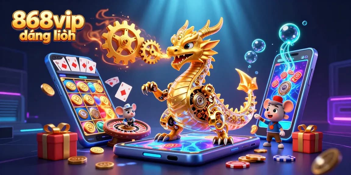Join the 868vip đăng nhập adventure with a majestic golden dragon and vibrant casino elements in a stunning digital illustration.