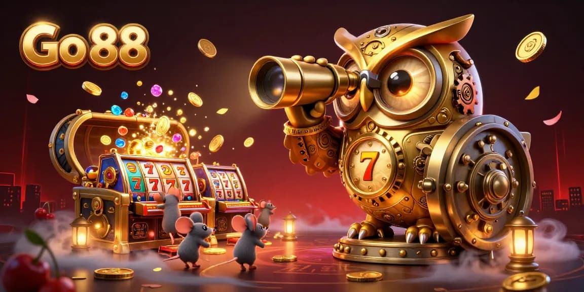Experience thrilling gameplay at Go 88 as mouse patrons rush among colorful slot machines.