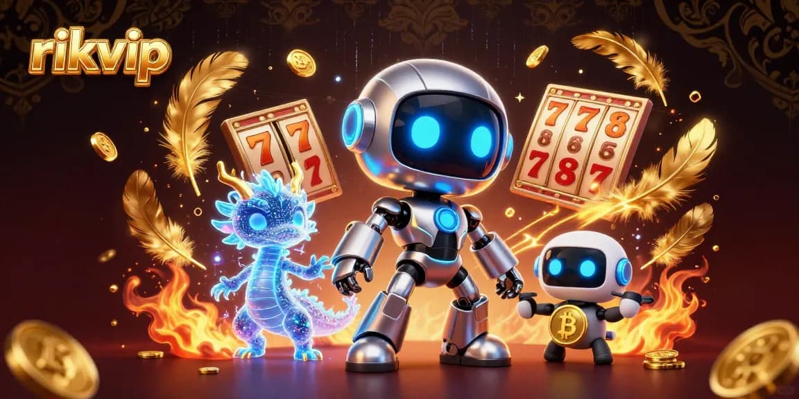 Experience the excitement of rikvip slots with a dynamic 3D robotic casino scene featuring vibrant neon elements.