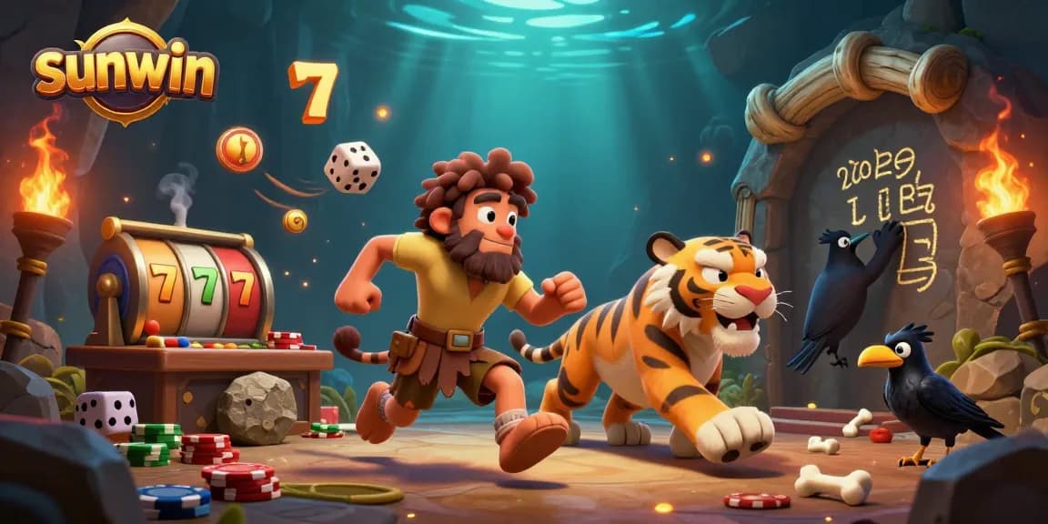 Experience the excitement of sunwin's prehistoric casino with caveman and tiger duo.