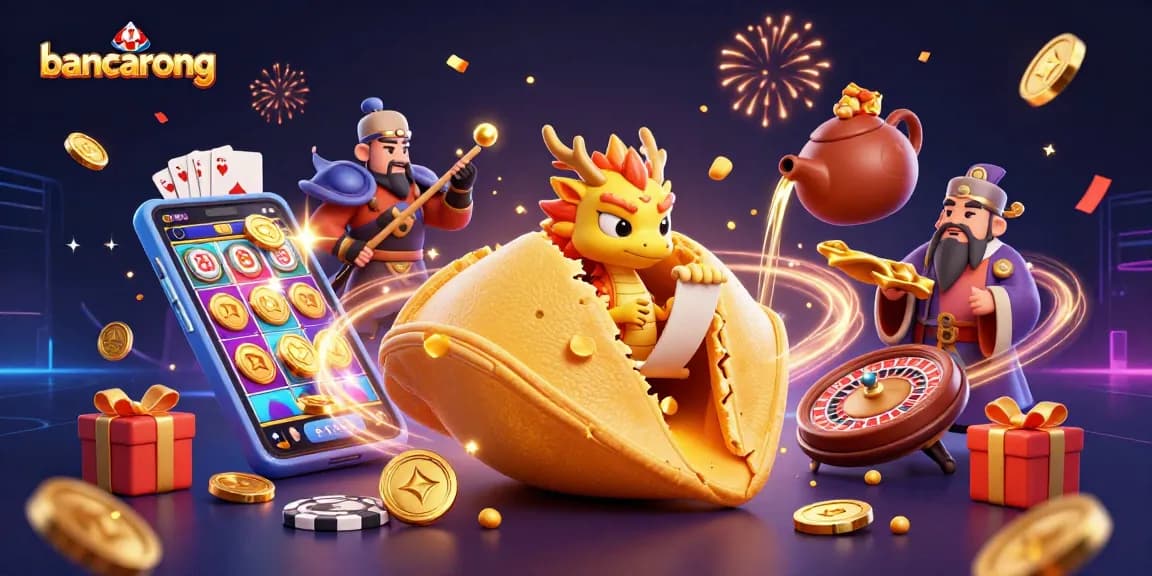 Engage with bancarong's dynamic casino scene featuring a fortune cookie and gaming elements.