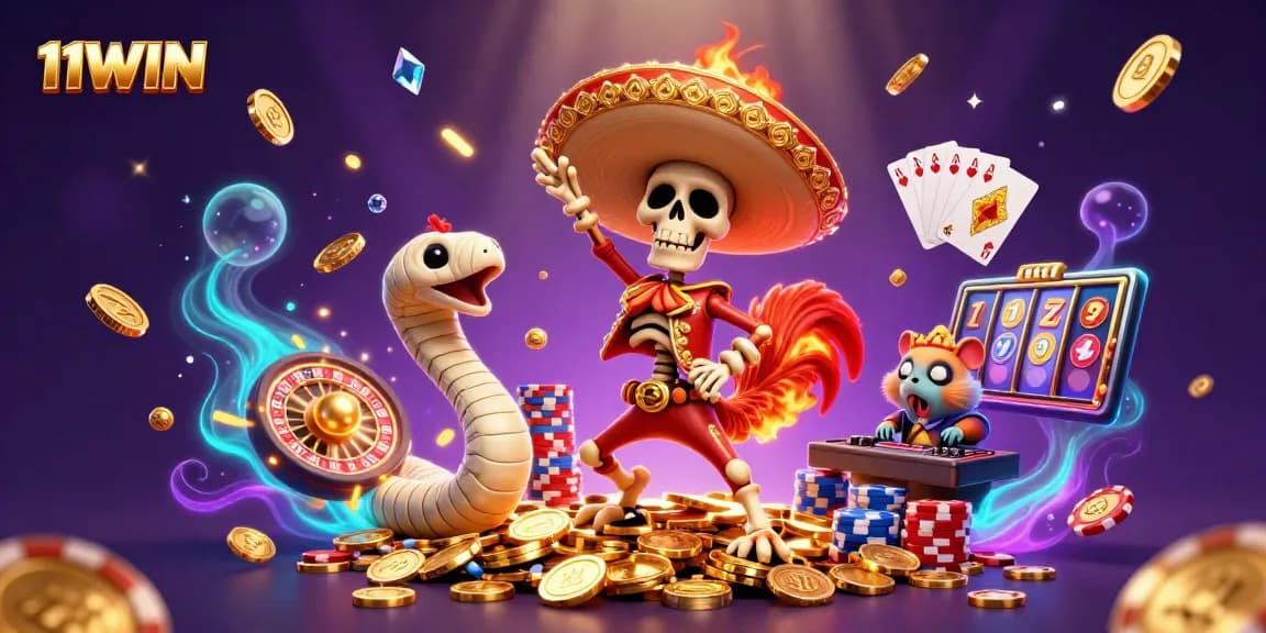 Win big at 11WIN with a dynamic 3D casino scene featuring a dancing mariachi rooster, golden coins, and vibrant game elements.