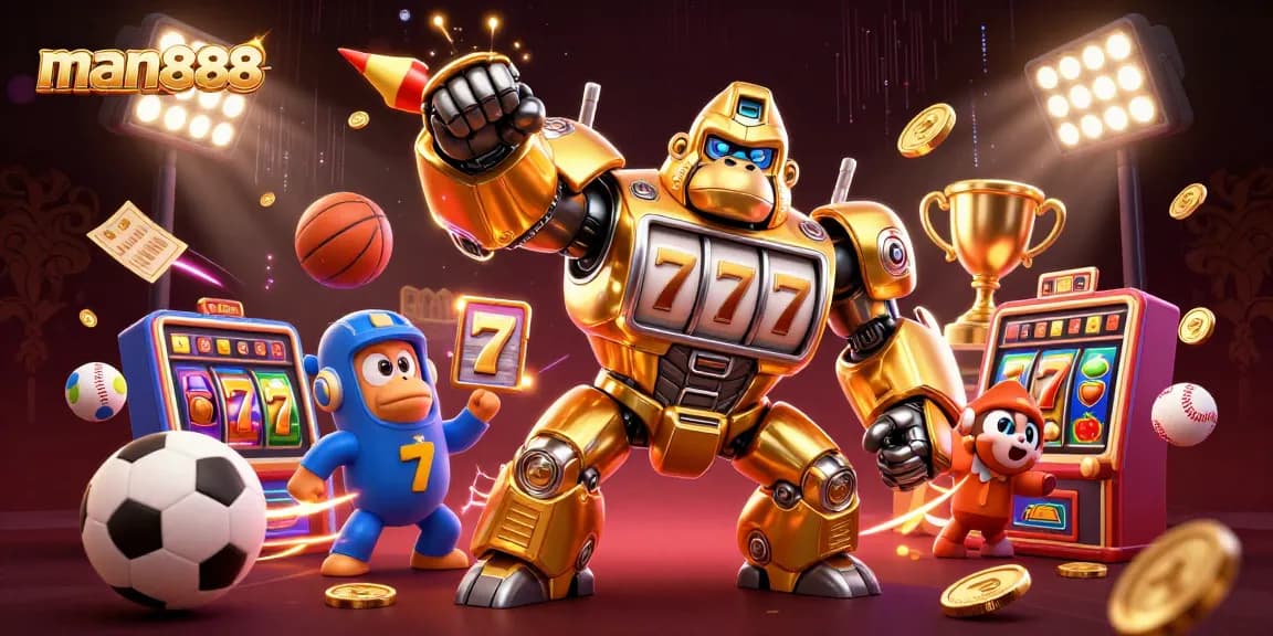 man888 showcases a dynamic casino scene with a golden gorilla mech and exciting game elements.