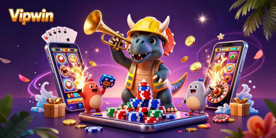 Win big at Vipwin with this vibrant 3D casino scene featuring animated dinosaurs and exciting games.