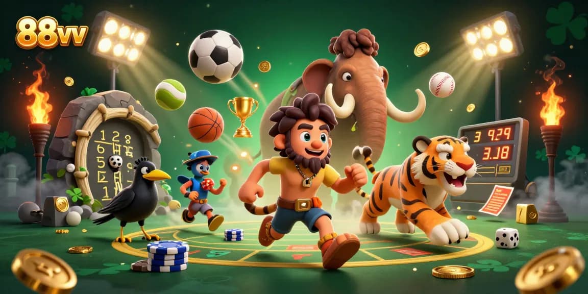 Engage with 88vv's thrilling prehistoric casino scene featuring unique characters and dynamic sports elements.