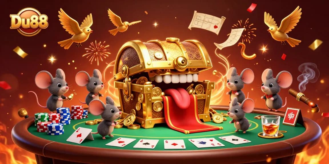Bet on riches at Du88 with a vibrant casino scene featuring poker chips and animated treasure.