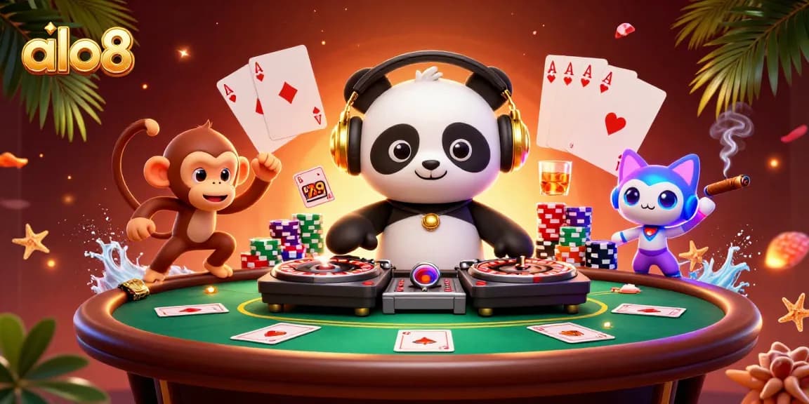 Engage with the vibrant atmosphere of alo8, featuring a DJ panda, breakdancing monkey, and glow-stick kitten in a lively casino scene.