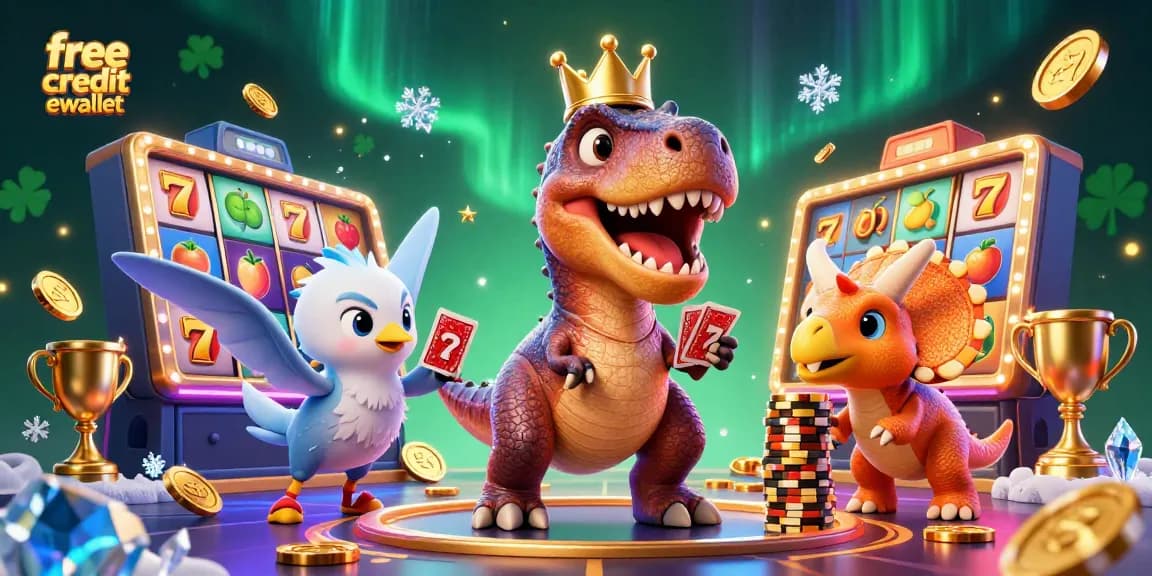 Enjoy free credit ewallet benefits with a vibrant casino illustration celebrating winning strategies.