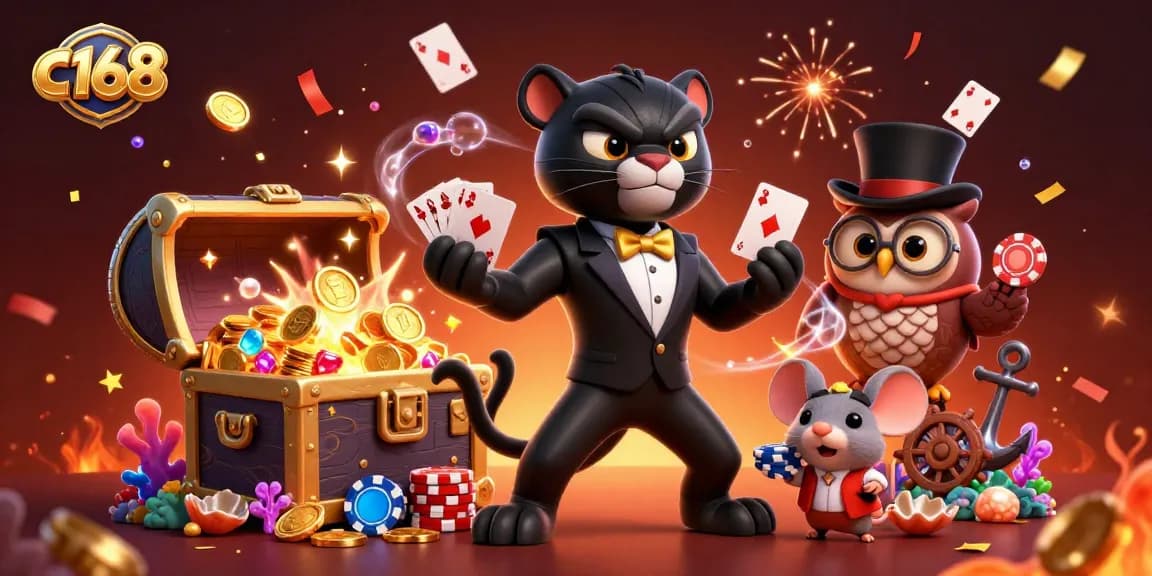 Experience the excitement at c168 with a stylish panther dealing cards and an owl with poker chips.
