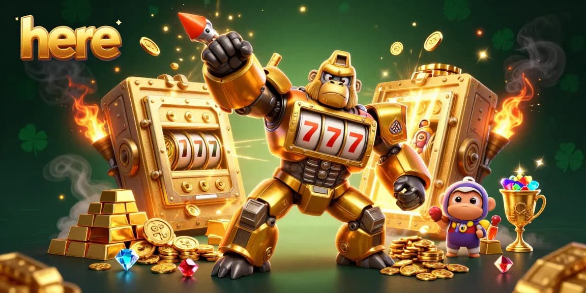 Spin to win with the golden gorilla mech here, amidst piles of treasures in this vibrant casino scene.