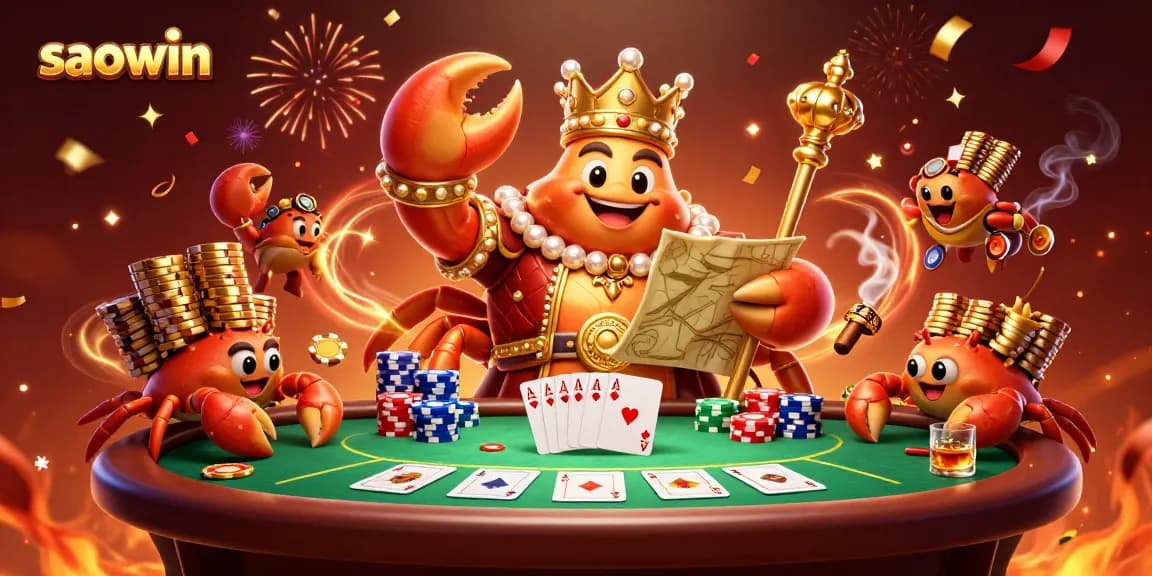 Experience saowin's thrilling poker adventures with a golden crab emperor, vibrant cards, and rich treasures.