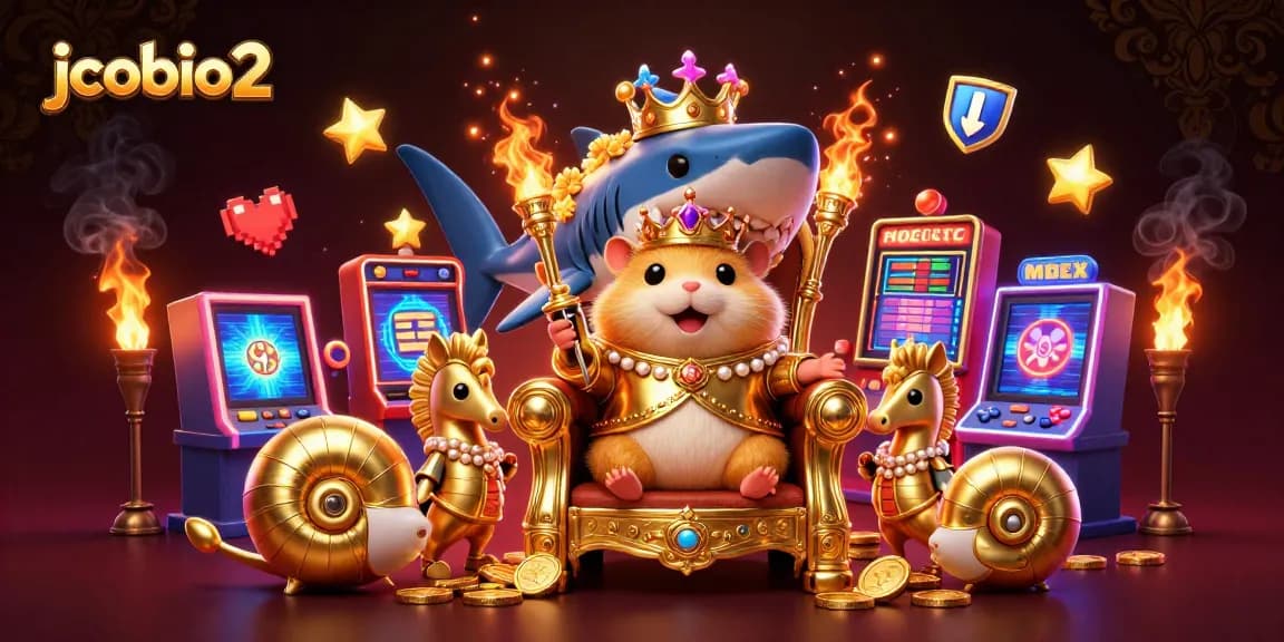 jcobio2 showcases a vibrant scene with a hamster king on a shark throne among slot machines and royal guards