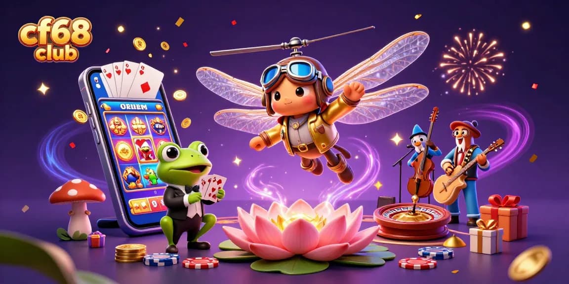 Experience the excitement of cf68 club with a vibrant 3D casino scene featuring unique characters and games.