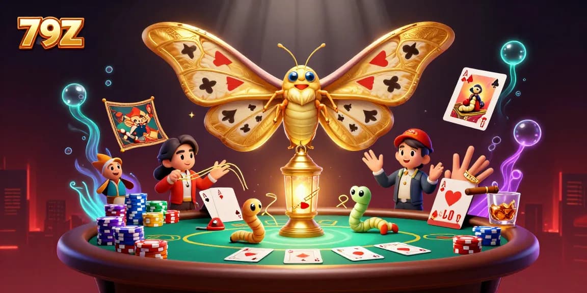 Engage with 79Z's vibrant casino scene showcasing an atlas moth, poker table, and golden elements.