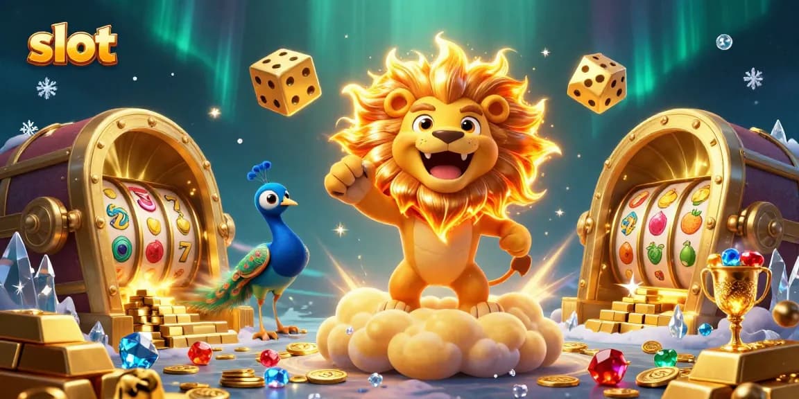 Spin the slot reels alongside the roaring sun lion and cosmic golden dice in an engaging casino scene.