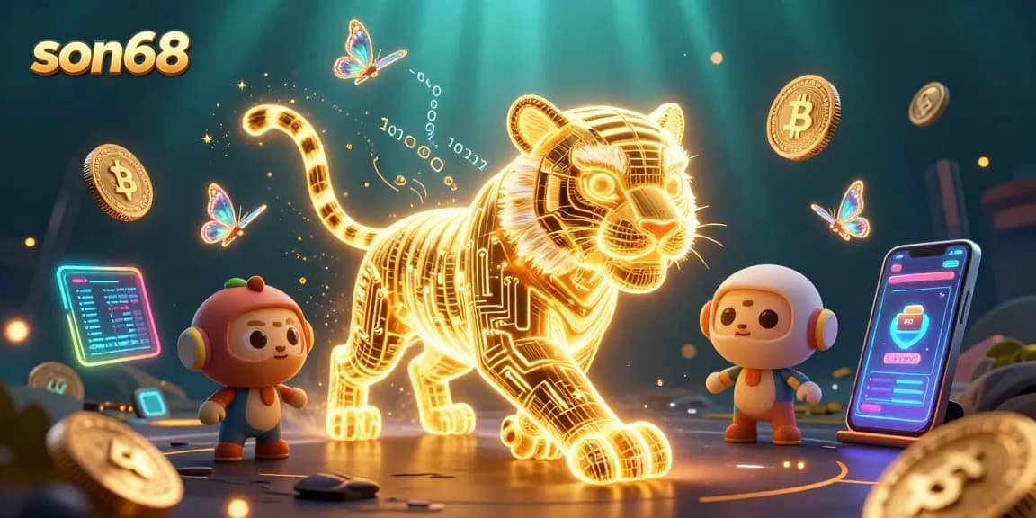 Experience thrilling casino gaming with son68's vivid 3D illustration featuring energized characters and dynamic cryptocurrency elements.