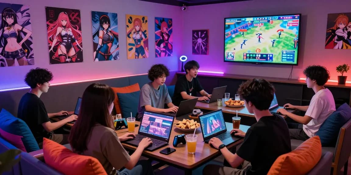 Exciting gaming lounge gathering playing real ecchi games with friends in vibrant setting.