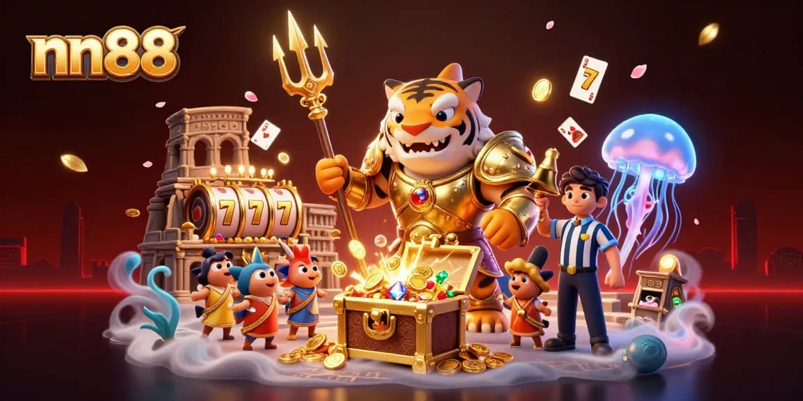 Experience nn88 with a thrilling 3D illustration of a tiger shark in a casino-themed underwater colosseum.