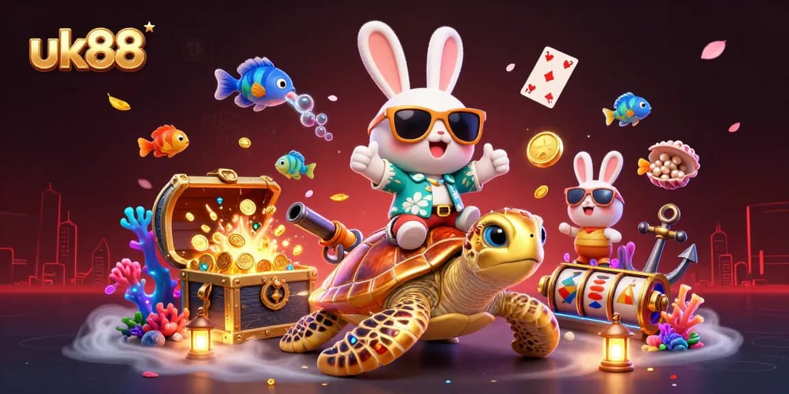 Experience winning thrills at uk88 with a delightful rabbit on a golden turtle amidst a vibrant casino scene.