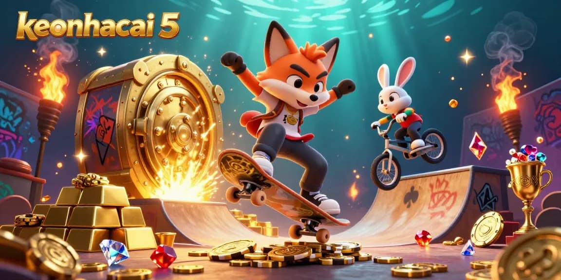Engage with keonhacai 5 as the fox and rabbit perform dynamic tricks in a vibrant casino setting.