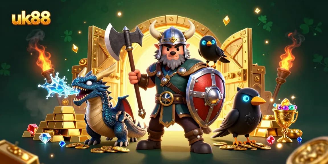 Engage with uk88's thrilling gaming experience featuring ice-breathing dragon, Viking warrior, and dazzling treasures.