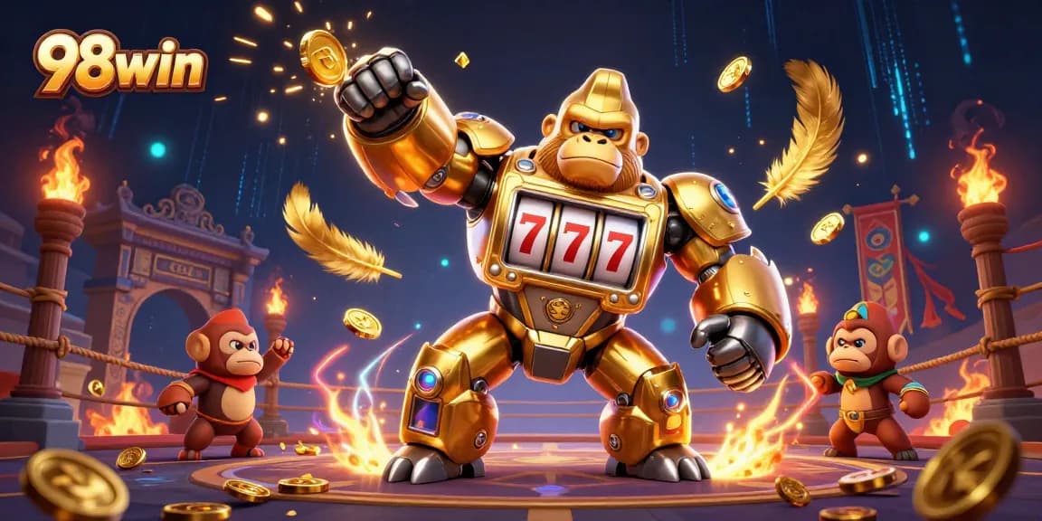 Engage in thrilling gameplay at 98win with a dynamic 3D casino scene featuring slot machine elements.