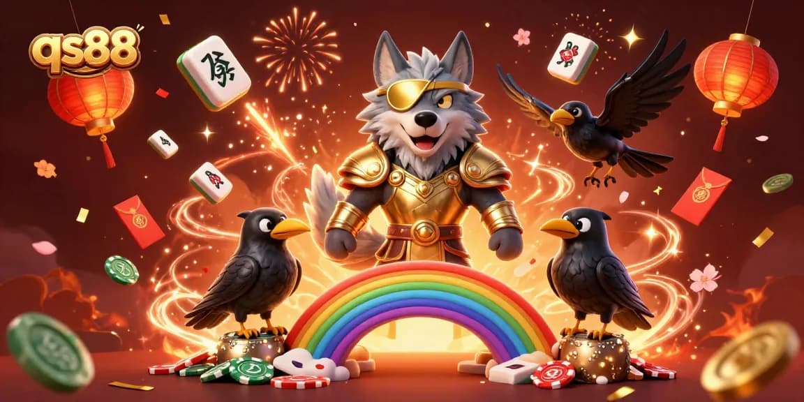 Play at qs88 with vibrant Norse mythology characters celebrating on a rainbow bridge of casino chips.