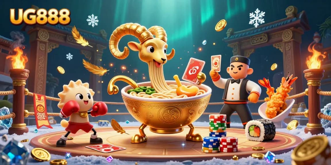 UG888 features a vibrant 3D casino scene with a giant ramen bowl dealer and dynamic elements.