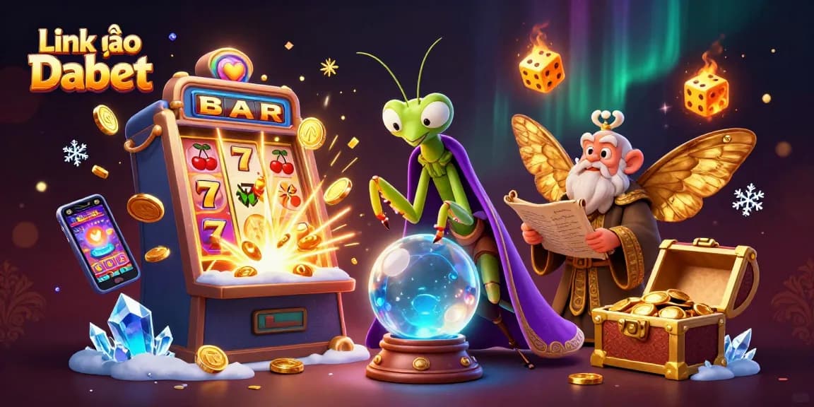 Spin the reels with excitement at Link vào Dabet, featuring lucky symbols and vibrant casino elements.