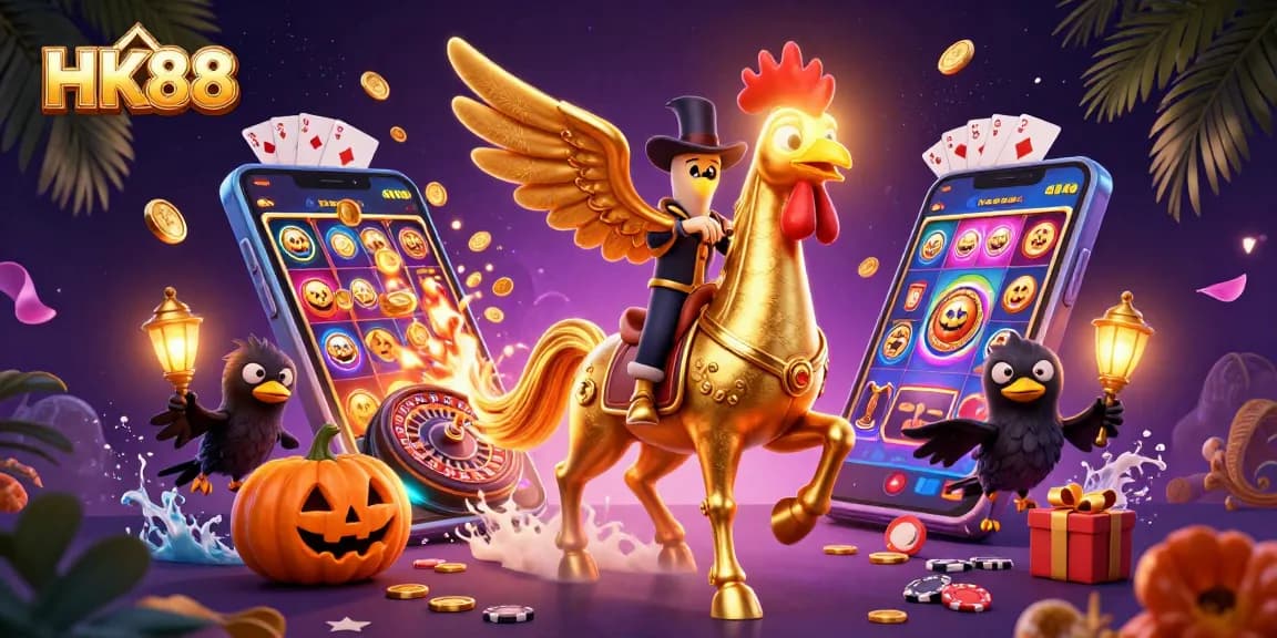 HK88 highlights thrilling gaming action in a vibrant casino scene with golden rooster and festive elements.