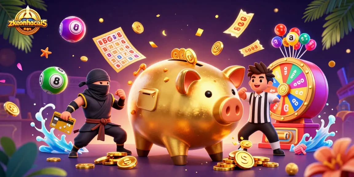 Engage with the zkeonhacai5 casino experience through a vibrant, dynamic game illustration featuring a golden piggy bank sumo wrestler.