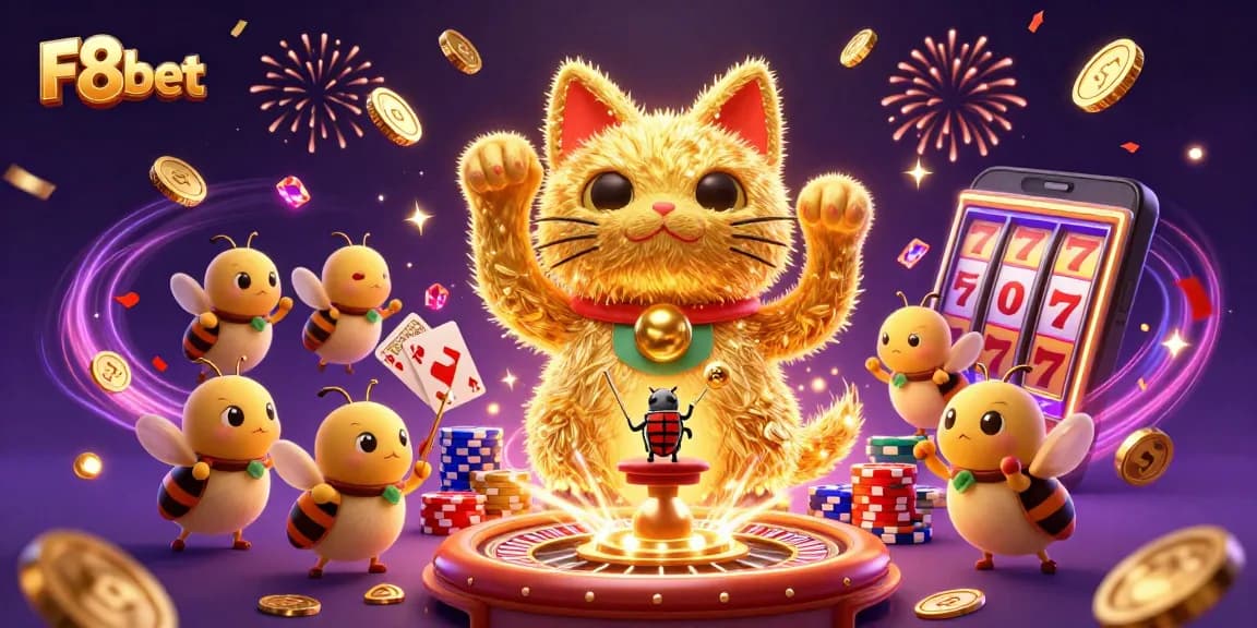 Experience thrilling gaming with F8bet's vibrant lucky cat and casino symbols.