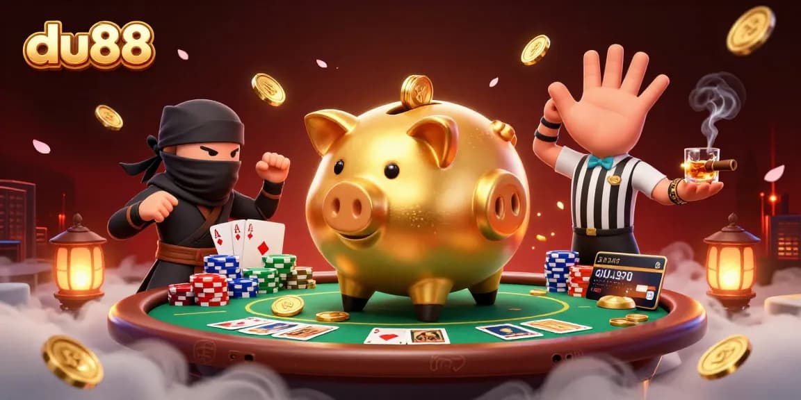 Engage in thrilling poker action with du88 featuring a golden piggy bank sumo wrestler and a ninja.