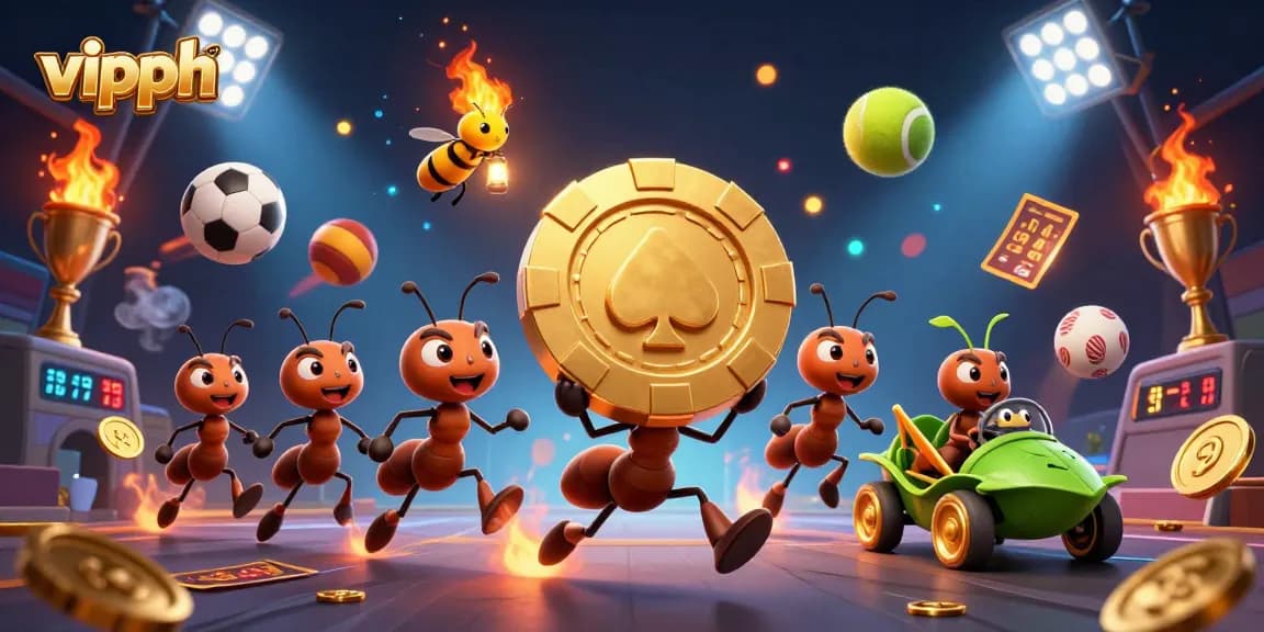 Experience the excitement of vipph with energetic ants carrying a giant poker chip through a dynamic gaming scene.
