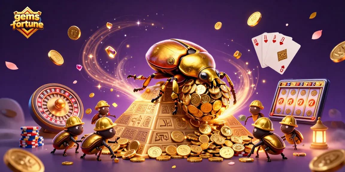 Experience the gems-fortune magic while playing slots amid golden beetles and coin treasures.