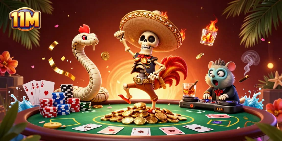 Unleash thrilling gameplay with 11M as a mariachi rooster celebrates on golden coins at a poker table.