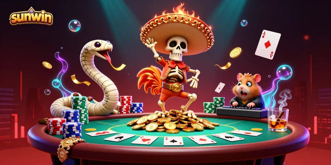 Engage in playful victory with Sunwin's vibrant casino characters amid dynamic poker elements.