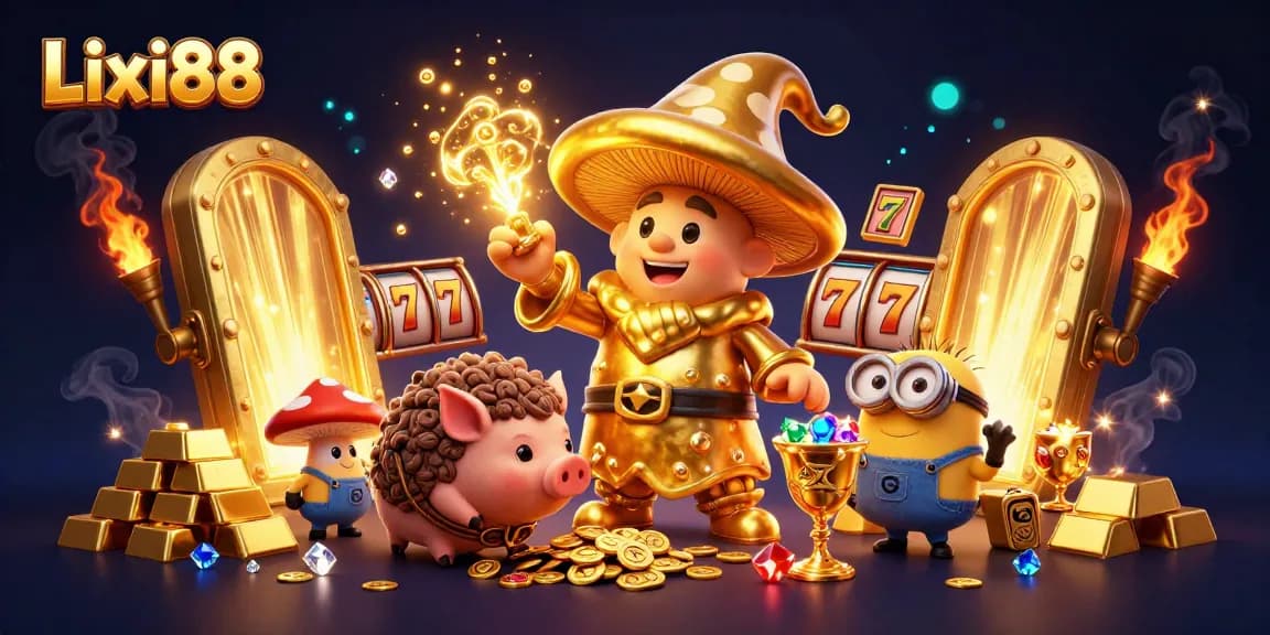 Lixi88 players enjoying vibrant 3D casino action with golden treasures and exciting slot reels.