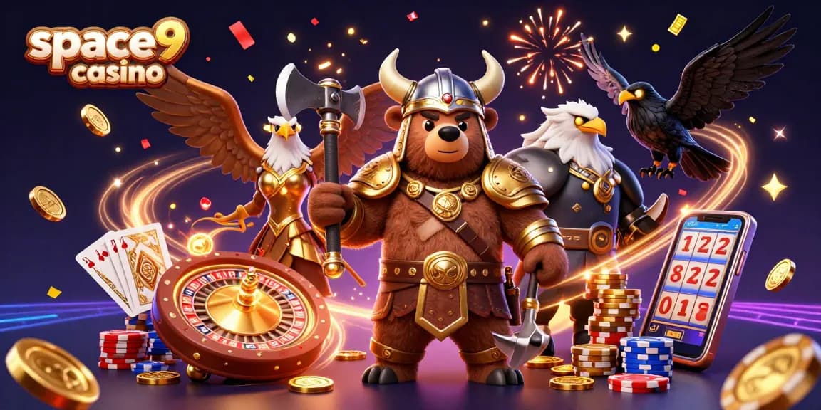 Experience excitement at space9 casino with a vibrant 3D illustration of a Viking bear and Valkyrie eagle.