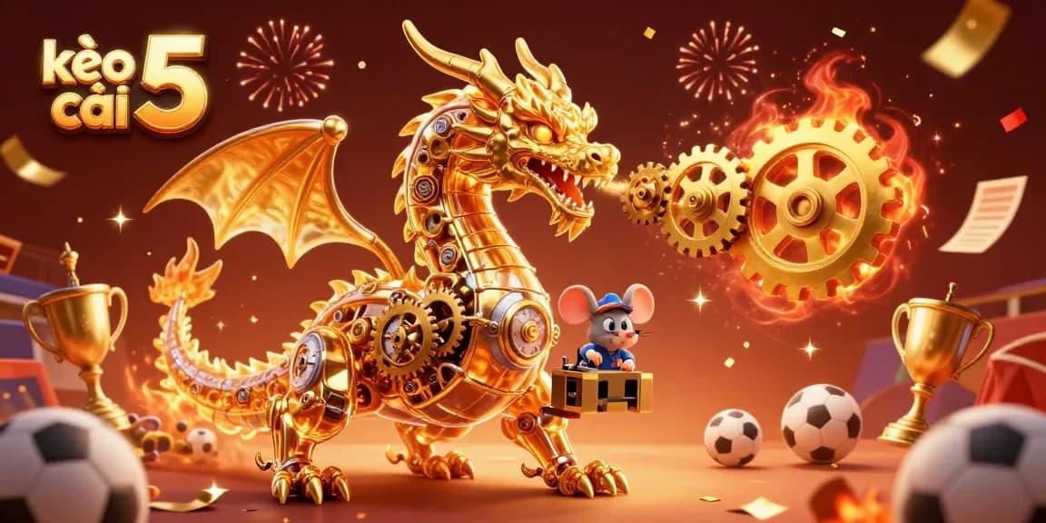 Experience the thrill of kèo nhà cái 5 with a dynamic sports betting scene featuring a golden dragon and vibrant elements.