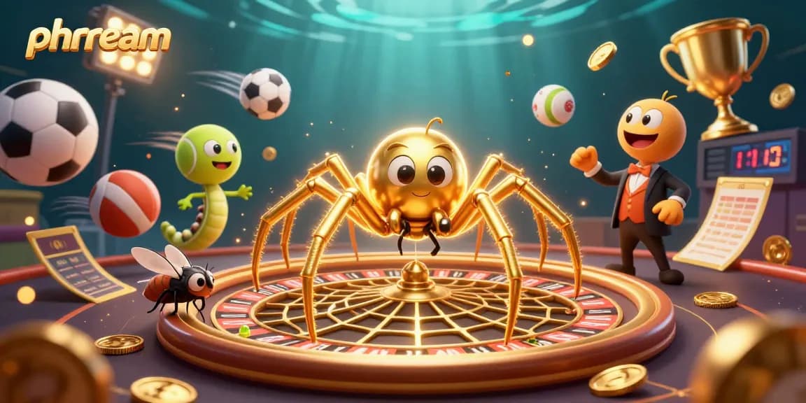 Engage with phdream's thrilling atmosphere as a fly nervously bets at a roulette wheel, animated by a golden spider and centipede croupier.