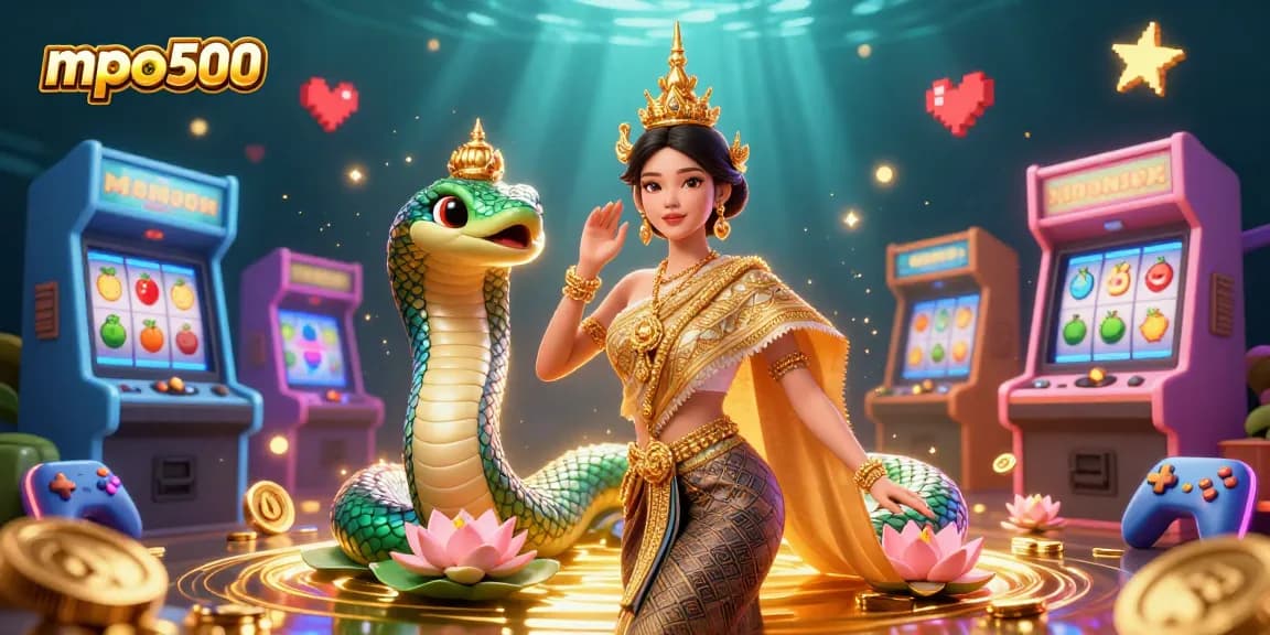 Engage with mpo500's exciting casino scene featuring vibrant slot machines and radiant characters.